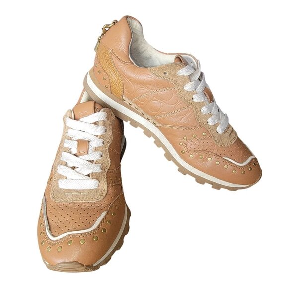 Coach Signature C118 with Rivets Leather & Suede Womens Sneakers Size 5.5 Tan & - Picture 1 of 9